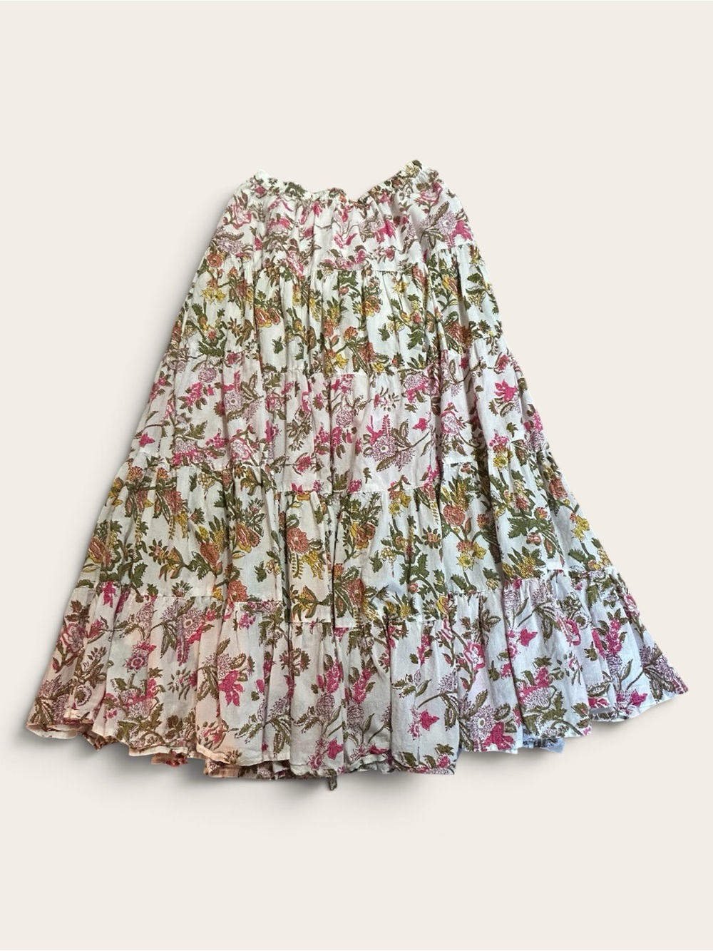 Laffaire Los Angeles Garden Party Floral Tiered Crinkle Cotton Maxi Skirt - M